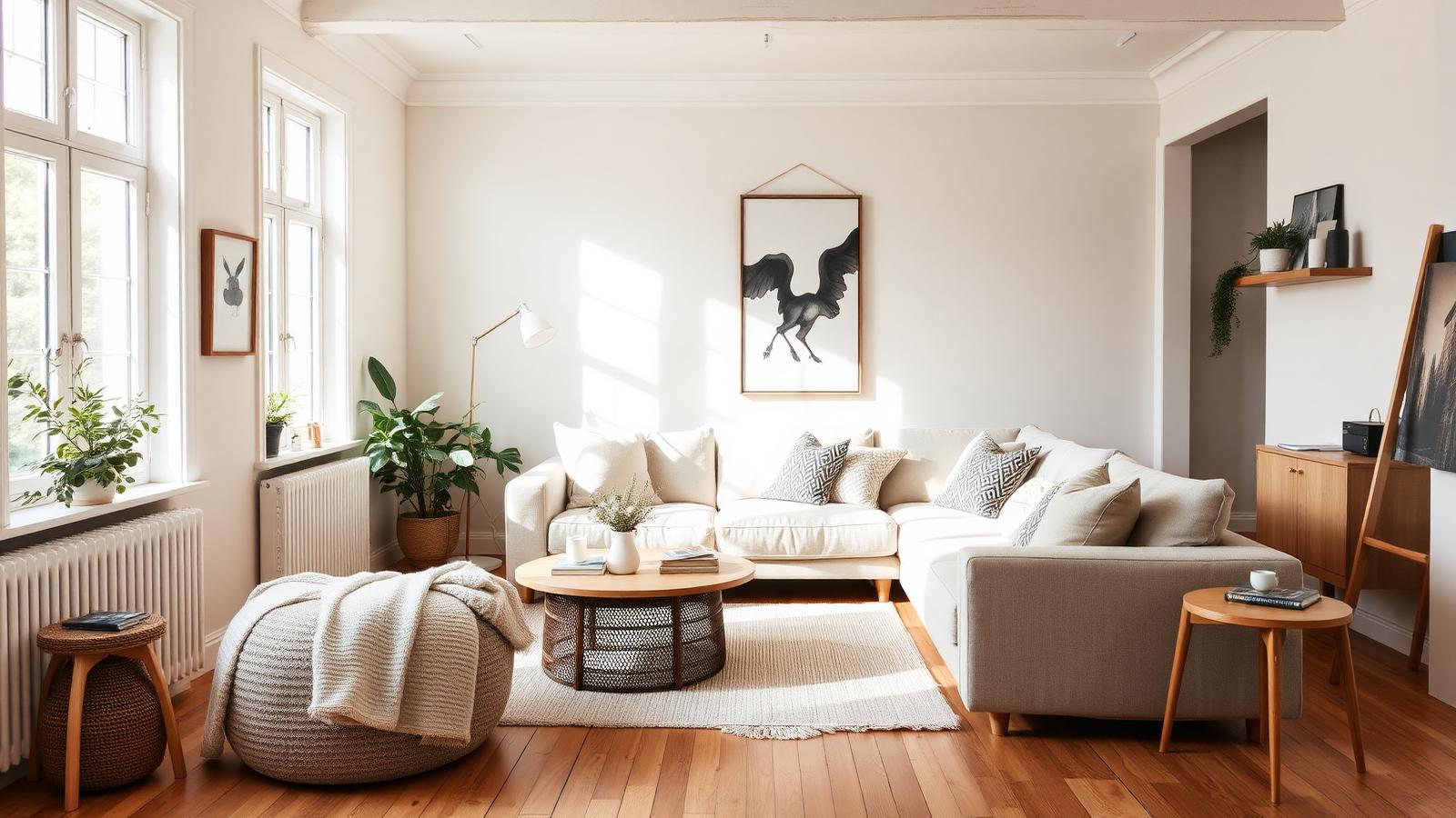 Helles Wohnzimmer im skandinavischen Einrichtungsstil mit Holzboden und beigem Sofa